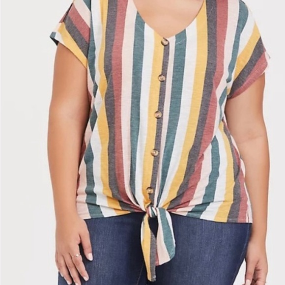 torrid Tops - TORRID 1X Muted Multi Stripe Button Tie-Front Blouse Top